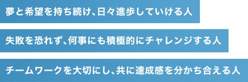 夢と希望を持ち続け､日々進歩していける人。失敗を恐れず､何事にも積極的にチャレンジする人。チームワークを大切にし､共に達成感を分かち合える人。